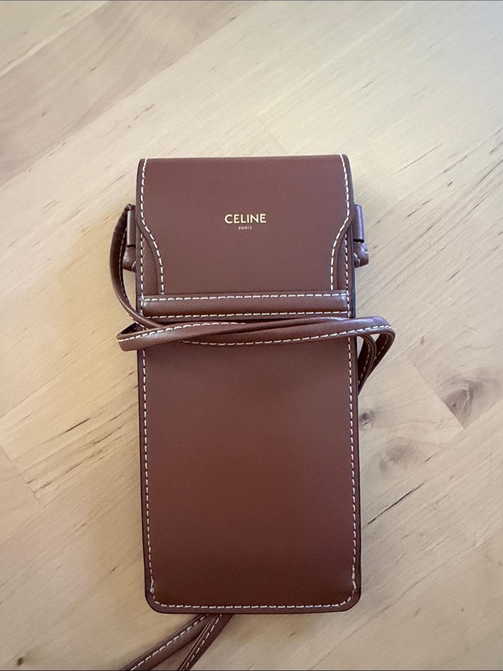 Celine Chestnut Brown Leather Crossbody Phone Pouch